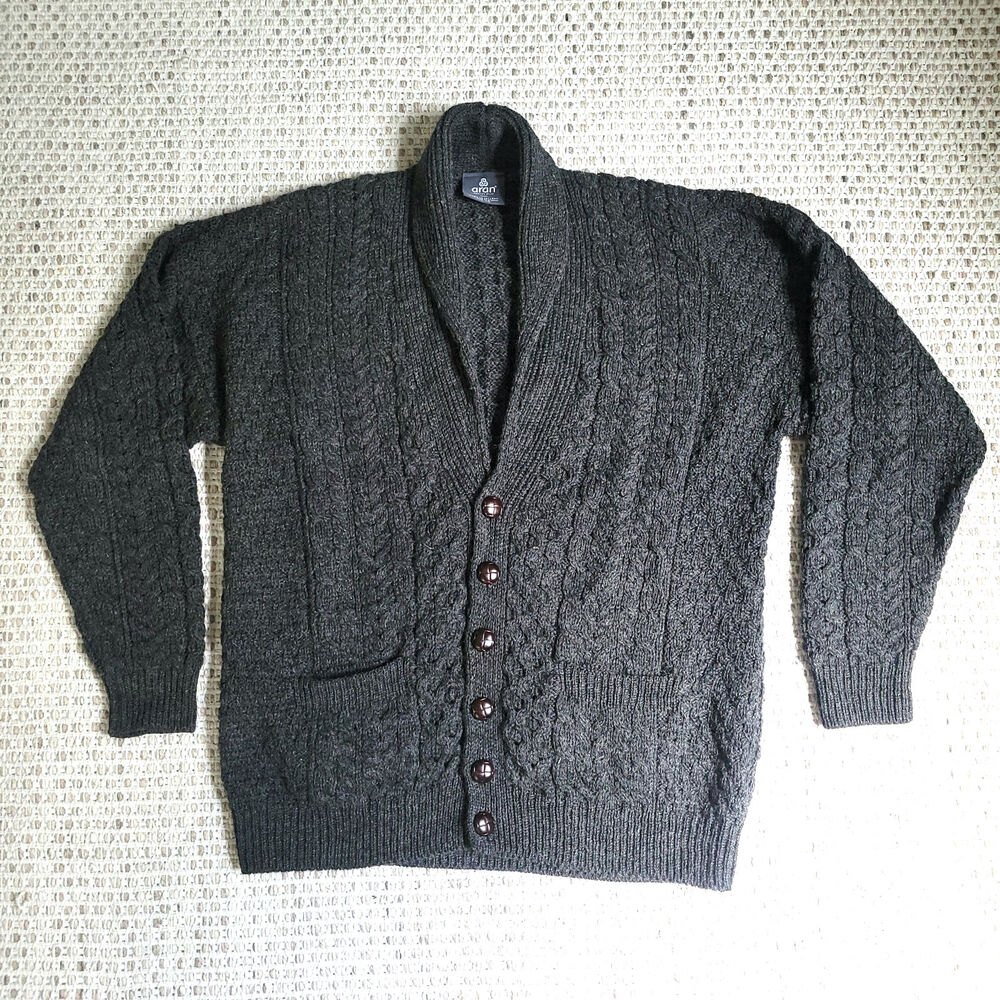 Aran Woolen Mills Womens Large Dark Gray Cableknit Cardigan Sweater Ireland